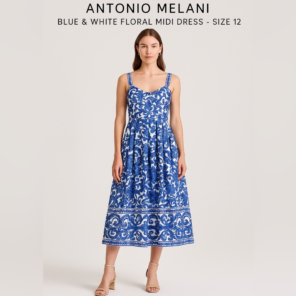 ANTONIO MELANI Blue and White Floral Midi Dress